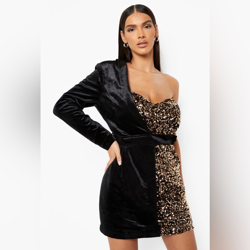 VELVET AND SEQUIN BELTED BLAZER PARTY HOLIDAY DRESS